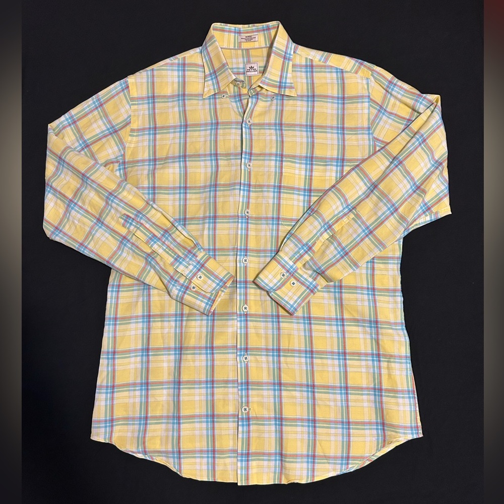 Peter Millar Shirt Button Down Men's M Yellow Plaid Long Sleeve Cotton Linen